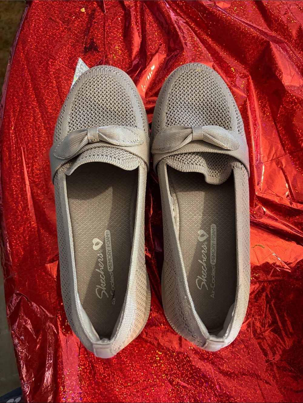 Skechers Women's Slip-On Knit Flats in Taupe with Bow Accent